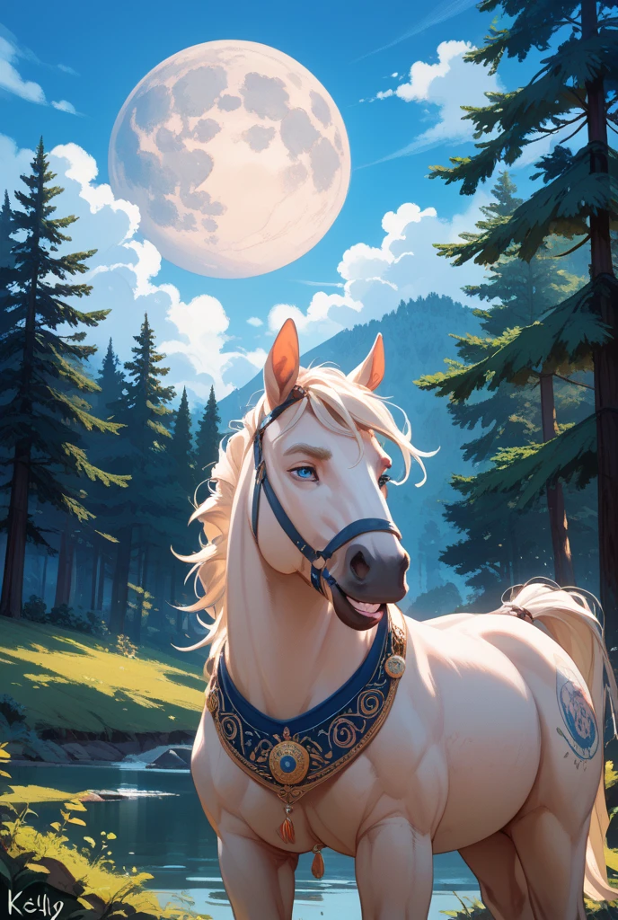 close-up of the body, female centaur white-silver glossy with flowing fluffy hair. jewelry throughout the body. sunset forest, blue meadow, light pink clouds on a dark background. minimalism, a lot of details maximum detail, a high resolution, careful drawing of contours. beads, openwork filigree. moonlight and sparkle, mythical character. surrealism, fantasy, mythology. reallystic botanical professional photo. 16k, HDR+, ISO 200