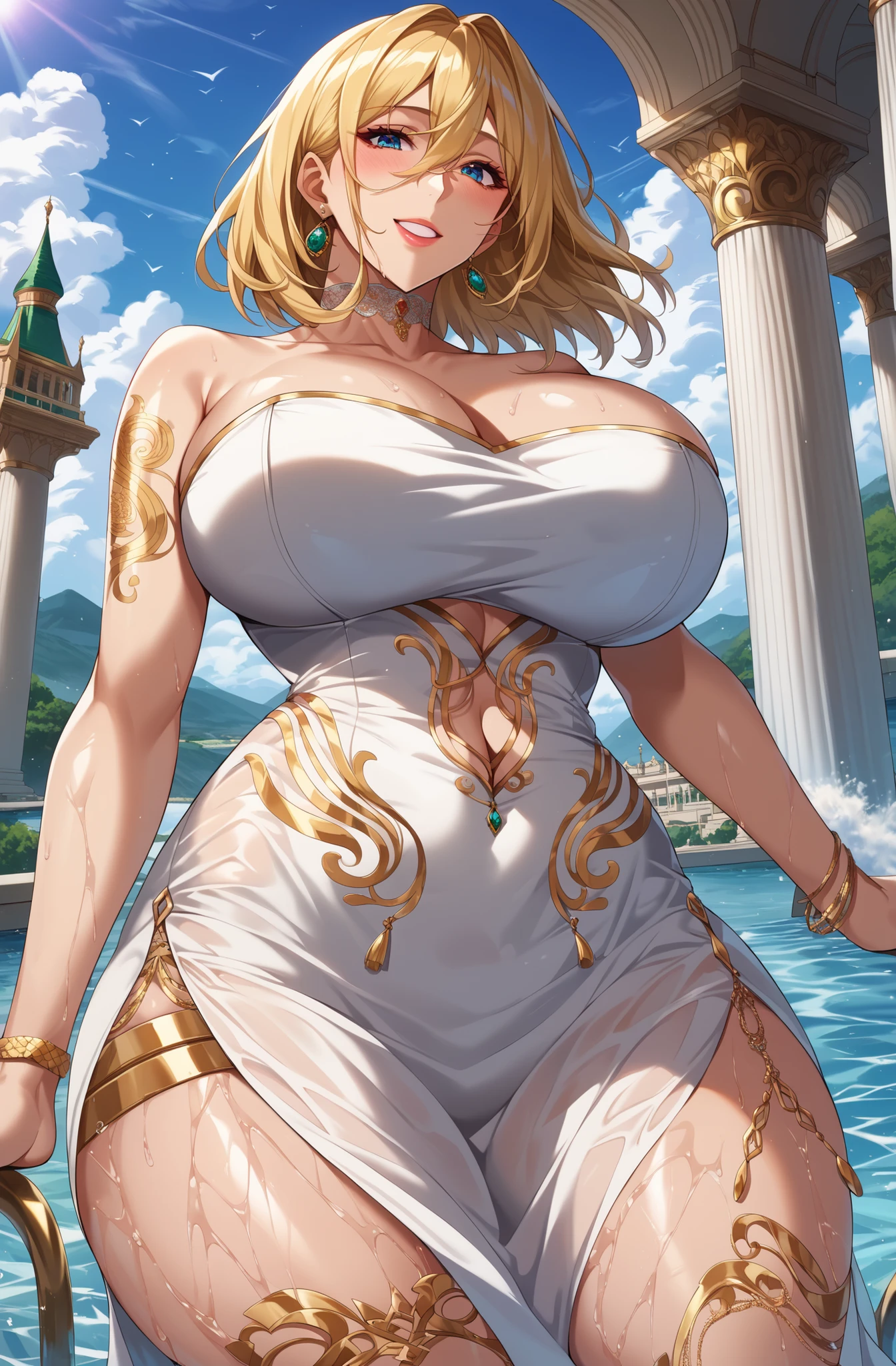 Greek goddess Aphrodite, serious and sexy face, has a face of supernatural beauty and short curly blonde hair decorated with flowers, as well as blue eyes. (perfect anatomy) , (perfect eyes) Her figure is extremely voluptuous, Gigantic breasts, Heavy breasts, Hip fitness, Cracked abdominal muscle, White silk dress, big abs muscle, she sits on her great throne of Greek marble, work of art.