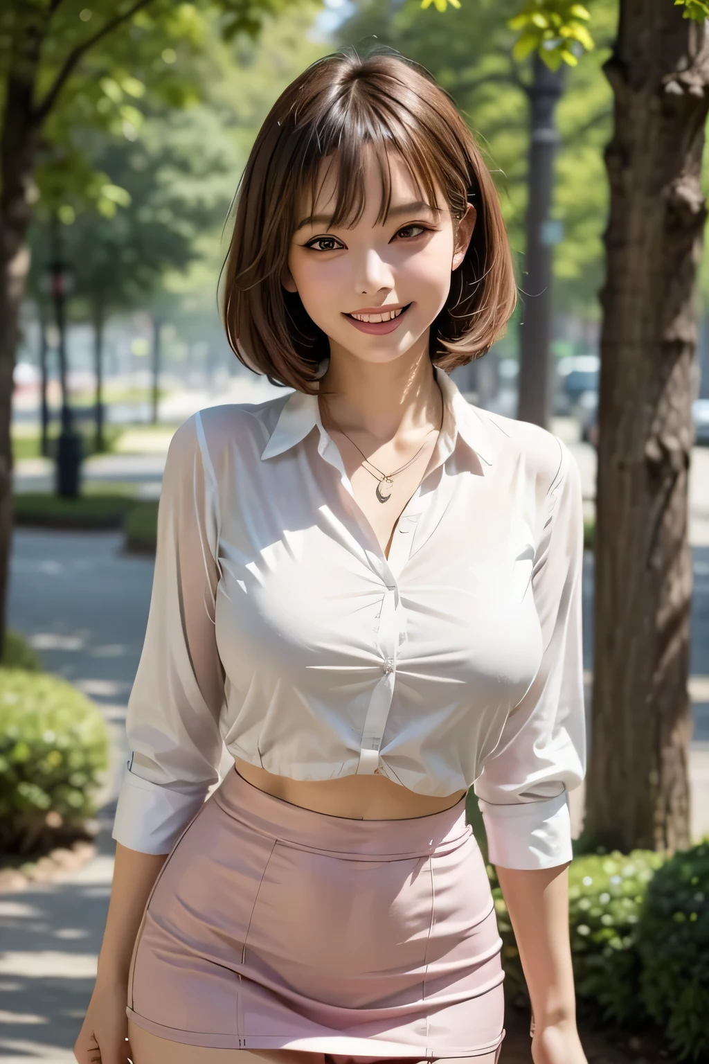 Japanese beauty,(masterpiece, top quality, high resolution, surreal, Perfect Pixels, realistic, 4K), 1girl, solo, beautiful face, mature woman, beautiful dark brown eyes, eyelashes, double eyelids, realistic eyes, grin, perfect teeth, short hair, necklace, big breasts, ((wearing light pink blouse, black tight mini skirt)), (thighs), stands at nighttime, amazing, (cowboy shot), (Background: forest park)