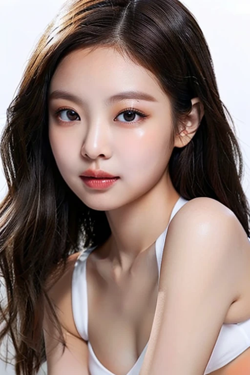 (realistic, high resolution:1.3), 1 girl with the perfect body, Very detailed face and eyes,long hair, Random color tank top:1.2, short jeans, big girl,Revealing the cleavage