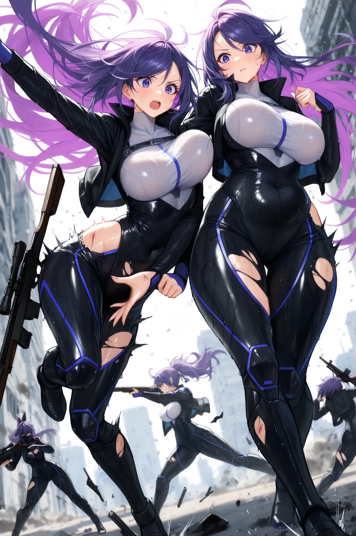 (masterpiece, best quality, high resolution,) a beautiful woman, ((huge breasts)), very long and curly lilac hair, lilac eyes, black lips, makeup, plug-in suit, black pilot suit and lilac full body evil smile, black and lilac interface headphones,((white background,)), ((full body standing)),