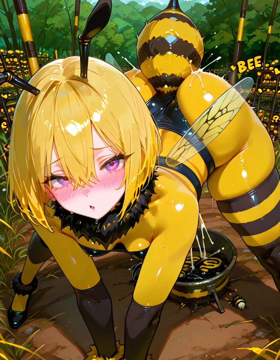 Highest quality, Highest quality, High quality illustrations, masterpiece, Ultra-high resolution, Detailed Background, honeycomb, in the forest, Absurd, Perfect Anatomy, performance, Good lighting, Shadows in the movies(kemono, Furry Personifi猫ion), fox, bee, Honey Skin, Honey Latex, Honey Rubber Suit, Honey Latexスーツ, Honey Lotion, beeスーツ, beeのコスチューム, beeのコスプレ, ゴム製のbeeのしっぽ, beeの羽, Bee wings, Honey Pool, Honey Lotionを浴びている, Covered entirely in honey slime, Lying down, Tattoo, cyber punk, High heels, cyber punk, Rubber Mask, Dynamic Angle