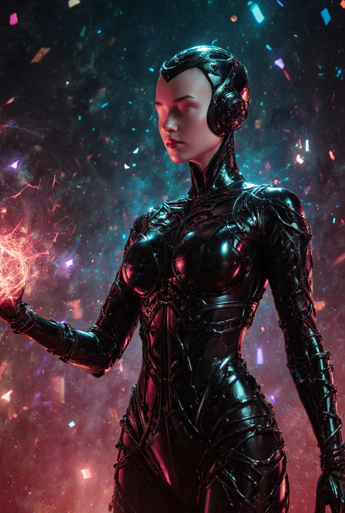 A cyberpunk dominatrix dominates a virtual landscape, her figure emerging in glitching neon shards from a cybernetic throne. The perspective is an extreme tilt, distorting space as digital waves pulse outward from her seated form. She wears an elaborate bodysuit with biomechanical tendrils that interface directly with the holographic world around her. A city of infinite skyscrapers, coded with Moebius-inspired detailed etchings, stretches into the distance, vanishing into a sky filled with shifting digital constellations. The scene pulses with electric blues, pinks, and reds, blending realism with a hyper-stylized cyber-fantasy aesthetic