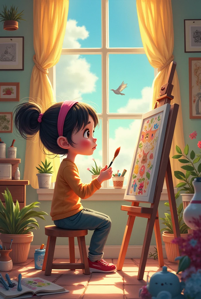 3d pixar style animation, 18 year old girl, artist, white skin, light brown hair, painting a landscape on a canvas, surrounded by kittens in the room, with an aquarium with koi