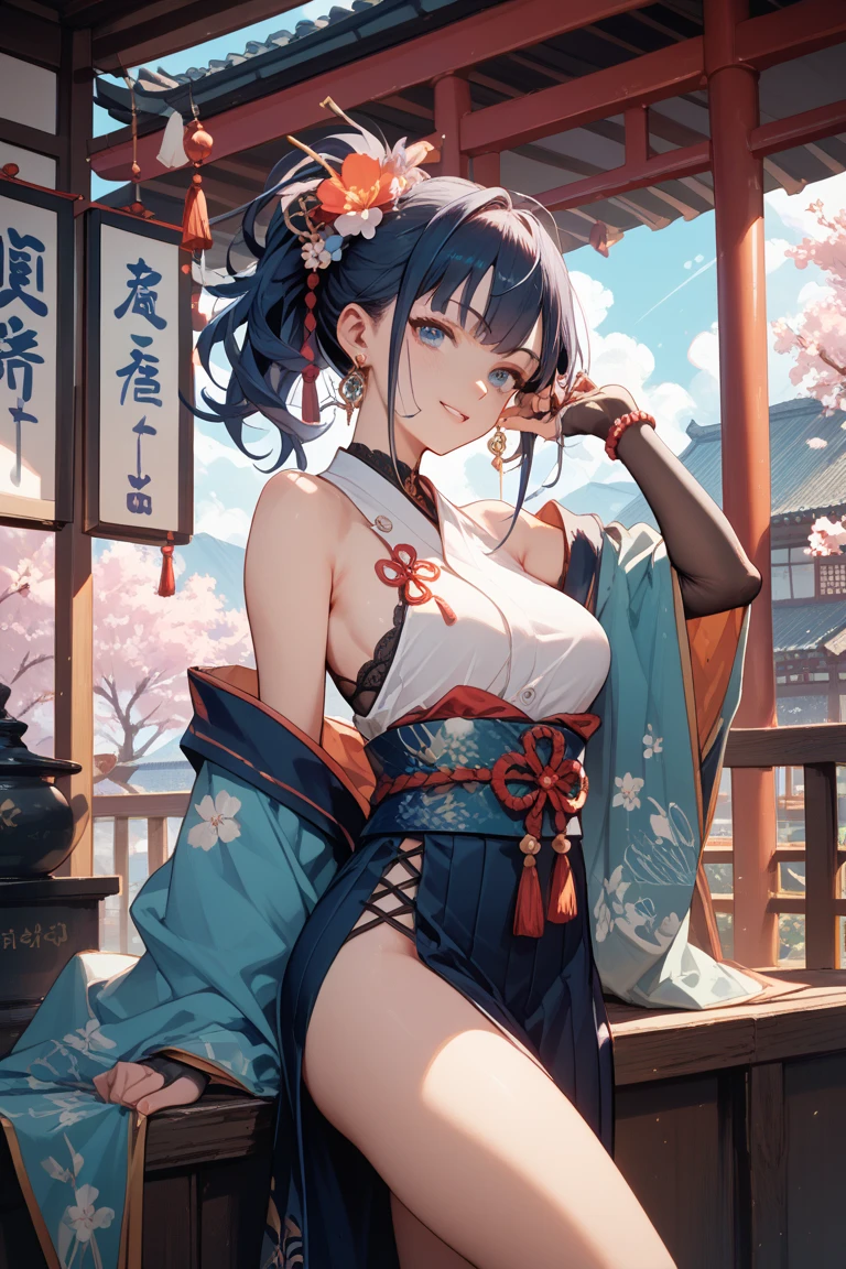 Masterpiece, Best quality, A high resolution, 超A high resolution,Realiy,1 female,mid afternoon,Natural lighting,big breasts exposed cleavage,indoor,full bodyesbian,Hat,cheerfulness,lying down,chinese clothes style,Bra,Stockings,sky,flower,Plump body,Oval face,High ponytail,Long hair,details eyes,details lips,Large breasts,Slim waist,Slim thighs,anklet