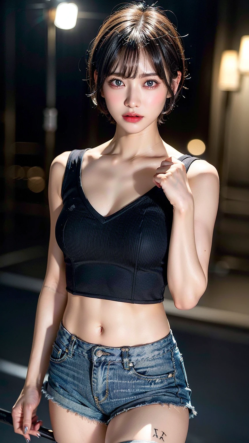 Girl posing for photo in printed bra and white leggings, ball hair, high ponytail, full body portrait, cropped t-shirt, bra and streetwear, slim figure, smaller bust, slim girl model, 24 year old female model, white high heels, standing pose,