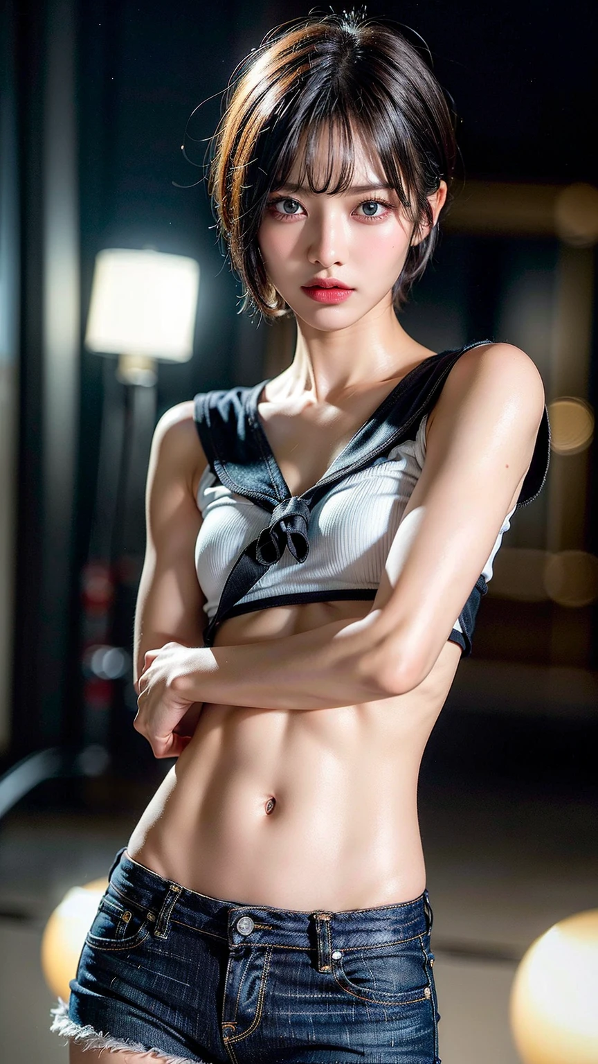 (masterpiece, best quality:1.4), (beautiful, aesthetic, perfect, finely, delicate, intricate:1.2), (cute, adorable), (depth of field:1.2), (realistic:1.3), cinematic shot, dim light, mood lighting, teasing, (1girl, solo), perfect female form, (perfect face, detailed face, full lips, glossy lips, blush, eyeliner, expressive eyes), (blonde hair, thick braid), (natural breasts, narrow waists, midriff, navel), hands on hips, (white detailed delicate tanktop, cleavage), (jeans short shorts), fingerless gloves, tattooed arms, (mechanical workshop, workshop:1.4), (engines, machines on background:1.4), golden lights, sparks, light particles, magic, fantasy, (cowboy shot),