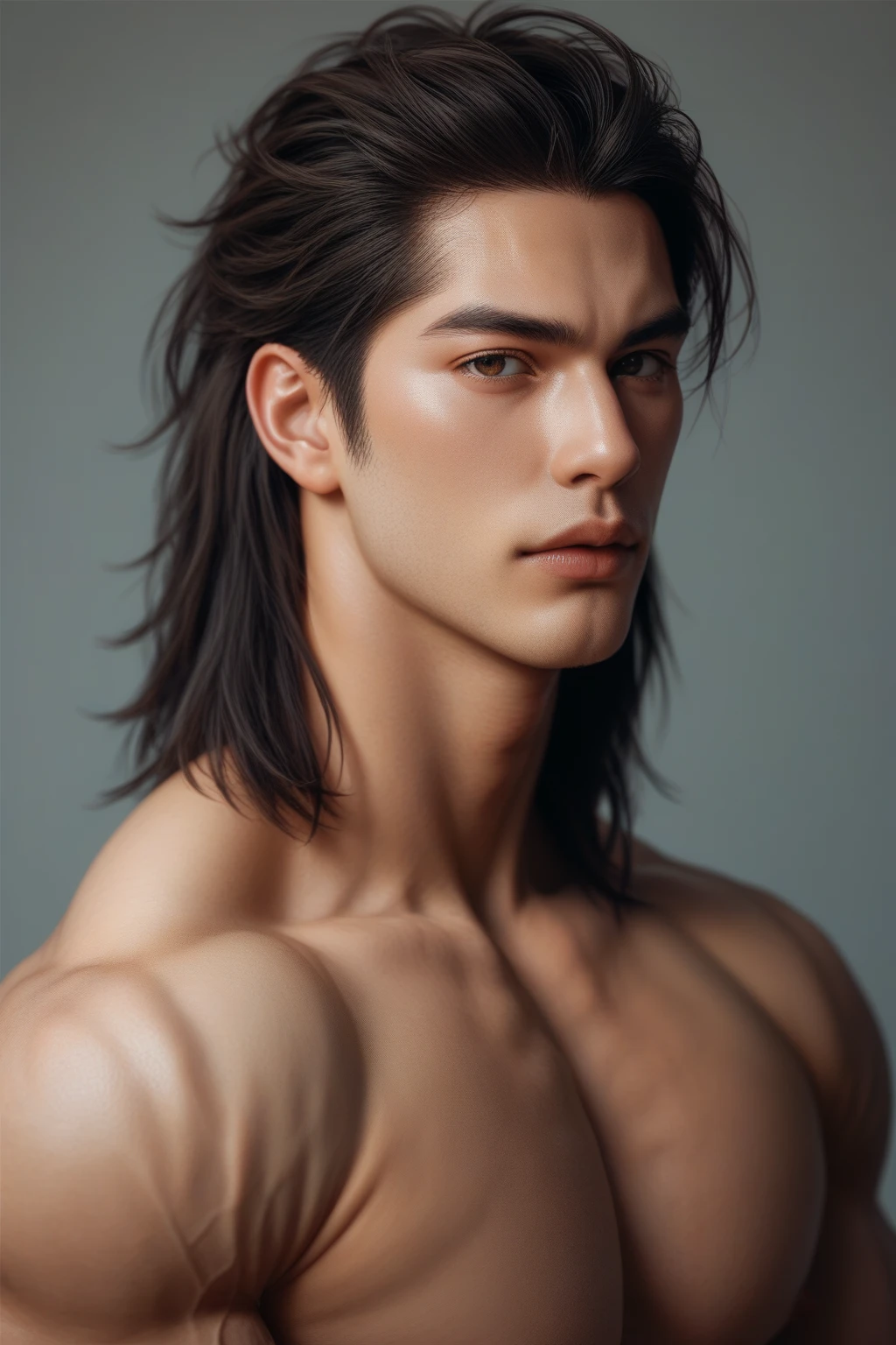 Male, 13-years old, palest skin, long wavy hair, brownish black hair, not wearing clothes, pants, baggy black jeans, bulky and muscular body, upper body, macho pose