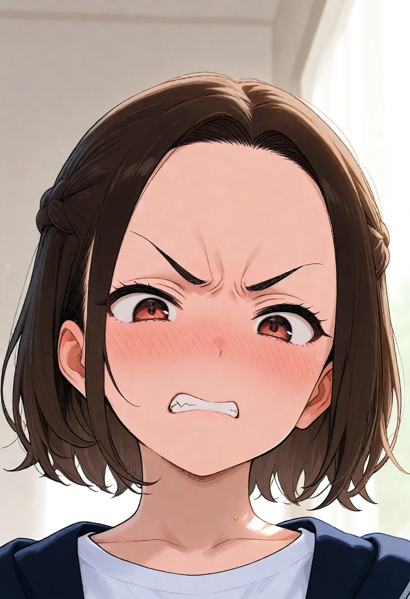 XenTAI-pos, spiky tomboy hairstyle, very short hair, 1girl, (black hair), (brown eyes), velvet sweater, velvet, <lora:fellatrix_style_v2:0.7>, fellatrix style, perfil view,