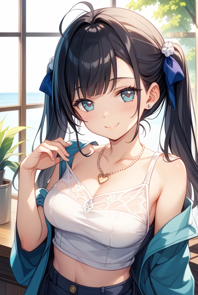 (((girl kawaii))), (a Very delicate and beautiful girl), ((Ultra-fine illustrations)), (Very delicate and beautiful), charactera girl, Please raise your hand, Wet, girl, teenage girl, Flowing Hair, (High Ponytail), (Long dark brown hair), Beautiful and fine hair, Very beautiful and detailed anime faces and eyes, (smile), Intricate details、Beautiful and delicate eyes, Bright Eyes, Open your mouth, Cleavage, Pale blue eyes, White skin, Frills, Hair Ribbon, Earrings, Gemstone Necklace, bracelet, (White Bikini), cardigan, Wet clothes, Open Court, White clothes, (Beach), (blue sky), sunlight, Backlight, Highly detailed light, ((Absurd)), (((wallpaper 8k CG))), masterpiece,