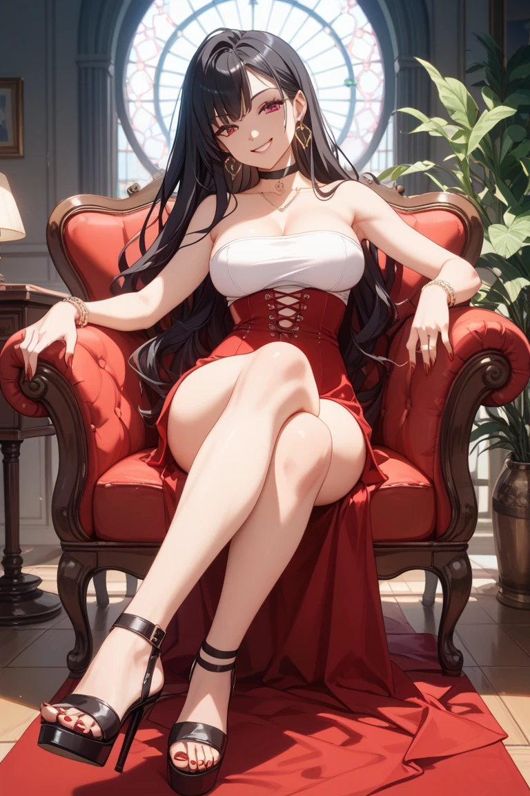 taihou, mature woman sitting by the huge window in a corridor of a grandiose palace, wearing a short sexy and elegant red dress, while playing with a small white dog with her bare foot, older female, long black hair, hair accessory, earings, thin necklace, large breasts, cleavage, bare legs, shaped thighs, barefoot, red dress, short dress, elegant dress, by the window, palace, red carpet, corridor, morning light, sunlight, ethereal, looking at viewer, seductive anime girl, seductive look, sexy pose, full body, (full body shot:1.1), beautiful detailed eyes, beautiful detailed girl, curvy:1.1, dynamic pose, fashion clothing with diverse colors, perfect eyes, perfect face, perfect retina, perfect hands, perfect fingers, perfect feet, perfect toes, ultra detail face, ultra detail hair, very detailed eyes and face, ambient occlusion, cinematic lighting, field of view, fluid motion, harmony, interconnected elements, movie lighting, photorealistic lighting, realistic shadows, (vibrant colors:1.05), vivid lighting, warm and cool color palette, amazing, solo, trending on artstation pixiv, 8k wallpaper, best quality, CG, detailed painting, fine detail, (High Quality:1.4), high resolution, huge file size, illustration, Intricate Details, masterpiece, (photorealistic:1.4), professional artwork, (raw photo:1.2), reflective art, sharp focus, super detailed, unified, very detailed, extremely detailed artgerm, (nsfw) Not Safe For Work,
