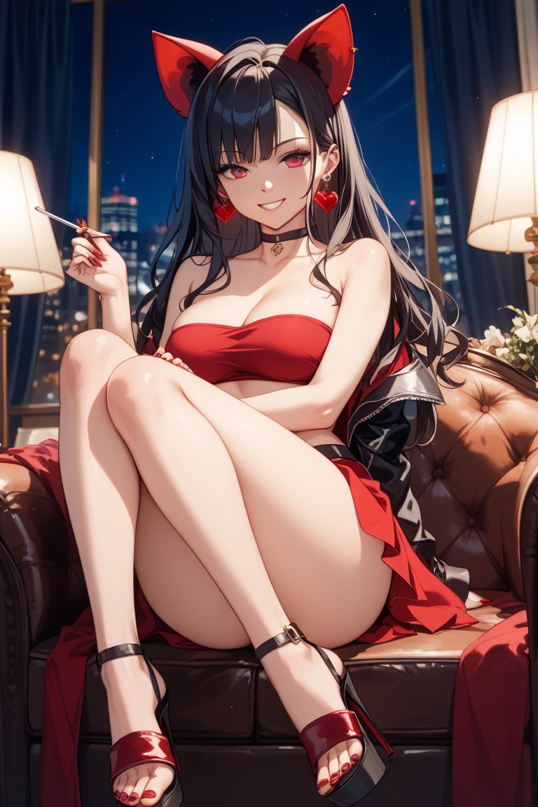 Realistic image, detailed image, coherent image. 1 beautiful girl. She has long, straight, brown hair. Red eyes, with long eyelashes. She has wolf ears and a wolf tail. Sensual expression. She is dressed in a strapless top and a pleated mini skirt. She has a curvy body, medium breasts and thick thighs. She is sitting with her legs open. showing her feet, she is on top of a carriage surrounded by apples. View from below. Arching her back. Soft focus, Dramatic shadows, Volumetric lighting, natural lighting.