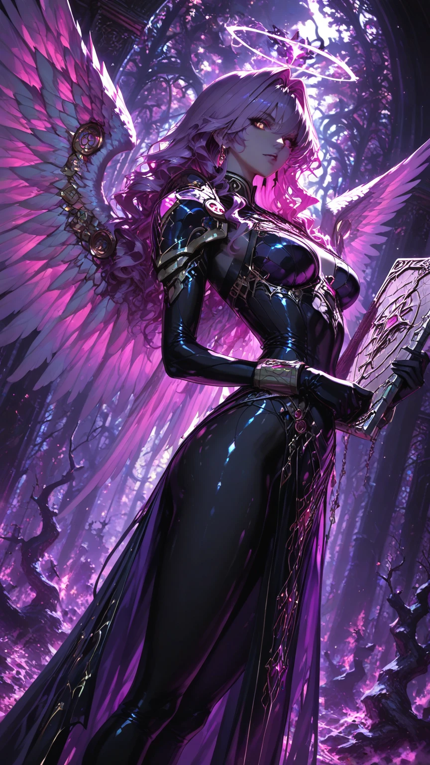 (Full body)), ((Best image quality)), ((Masterpiece)), (Details: 1.4), 3D, (Image of a beautiful griffon girl in a cyber battlesuit like a gothic dress with gorgeous lace), (Add a full-face helmet with a black eagle face with cyberlens)), a design that covers the entire face with a mask, (style that combines bat features), (( Add lace decorations to the suit)), Gothic style, (add a mechanical snake whip), snake whip held in the hand, snake whip, (add mechanical eagle wings on the back), (add black full-face helmet with red eye cyber lenses)), depiction of covering the entire face with a mask, HDR (high dynamic range), ray tracing, super resolution, depth of field, Maximum clarity and sharpness, multi-layer textures, albedo and specular maps, surface shading, accurate simulation of light-material interactions, perfect proportions, cyber griffon woman, long purple hair, sharp eyeliner, sharp focus, octane rendering, two-tone lighting, wide aperture, low ISO, White balance, 8K RAW, , depicted with accurate five fingers, 4k, fog, night sky background, beautiful western vampire girl, dead skin color, red-eyed girl, human