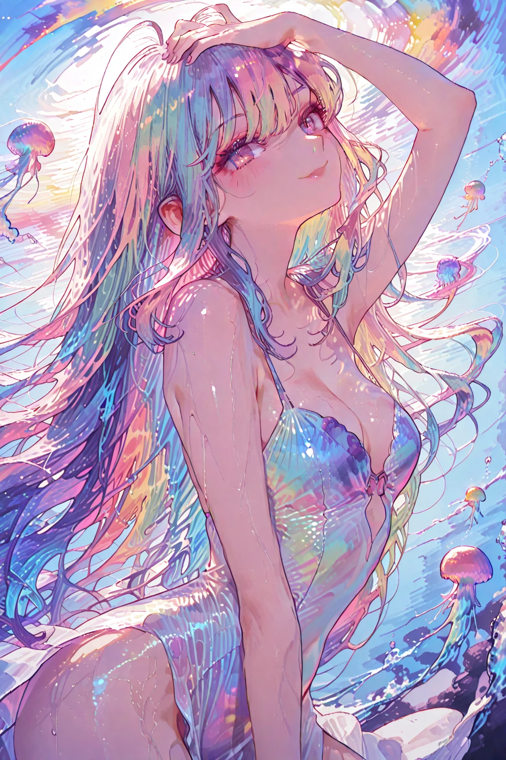 (Masterpiece, Best Quality, Best Quality, Official Art, Beautiful and Aesthetic: 1.2), (1 Girl: 1.3), (Fractal Art: 1.3), Disney, Colorful Fairy, Dotted Pattern, Upper Body, Side, Watching Viewer, Pattern, (Iridescent Hair, Colorful Hair: 1.2), Long Hair, (A lot of soap bubbles, various sizes, various colors, very colorful, luminous, floating) night, starry sky, luminous girl, bare shoulders, very colorful leotard, rainbow colored leotard, shiny leotard),look at me, background is black
