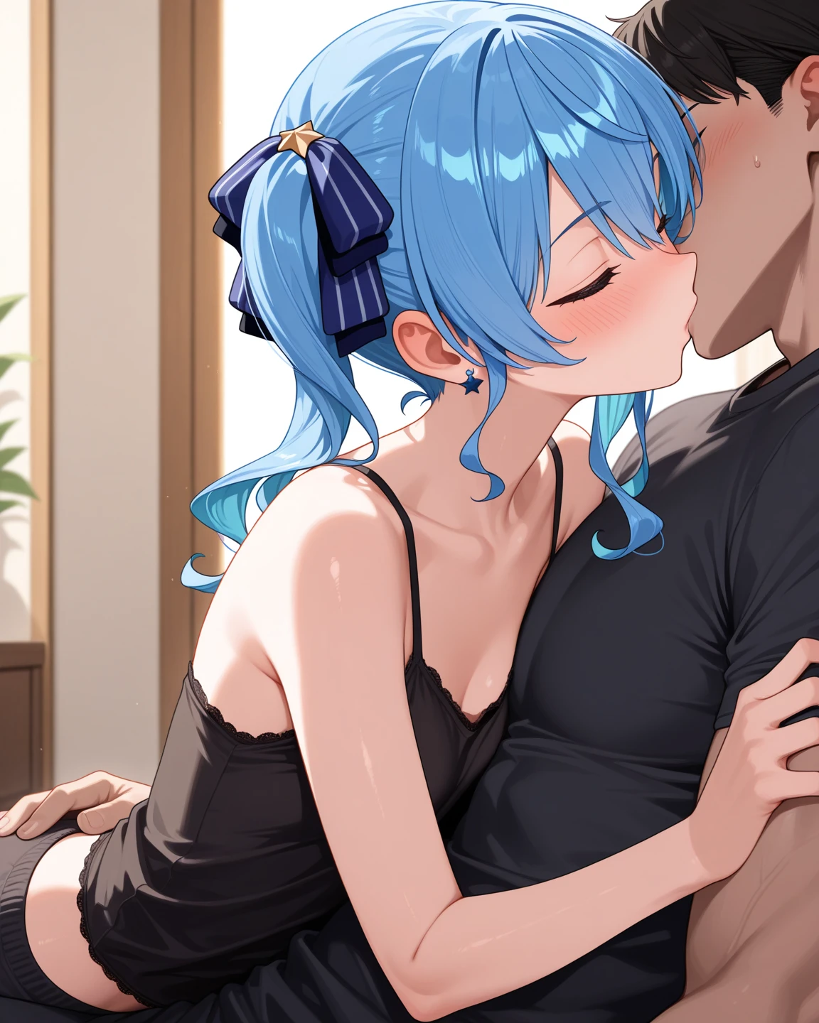 NSFW,masterpiece,Highest quality,High resolution,Super detailed,Star Town Suisei\(Hololive\),Blue Hair,One Side Ponytail,Blue Eyes,Small breasts,(High-quality see-through dress,silk),Estrus,smile,blush,(Sweat),Luxurious Room,Party Venue,chandelier,(Middle-aged men),A man puts his hands on her waist and hugs her,Having sex,Insert,Creampie,heart,Being spoiled,Physical contact,kiss