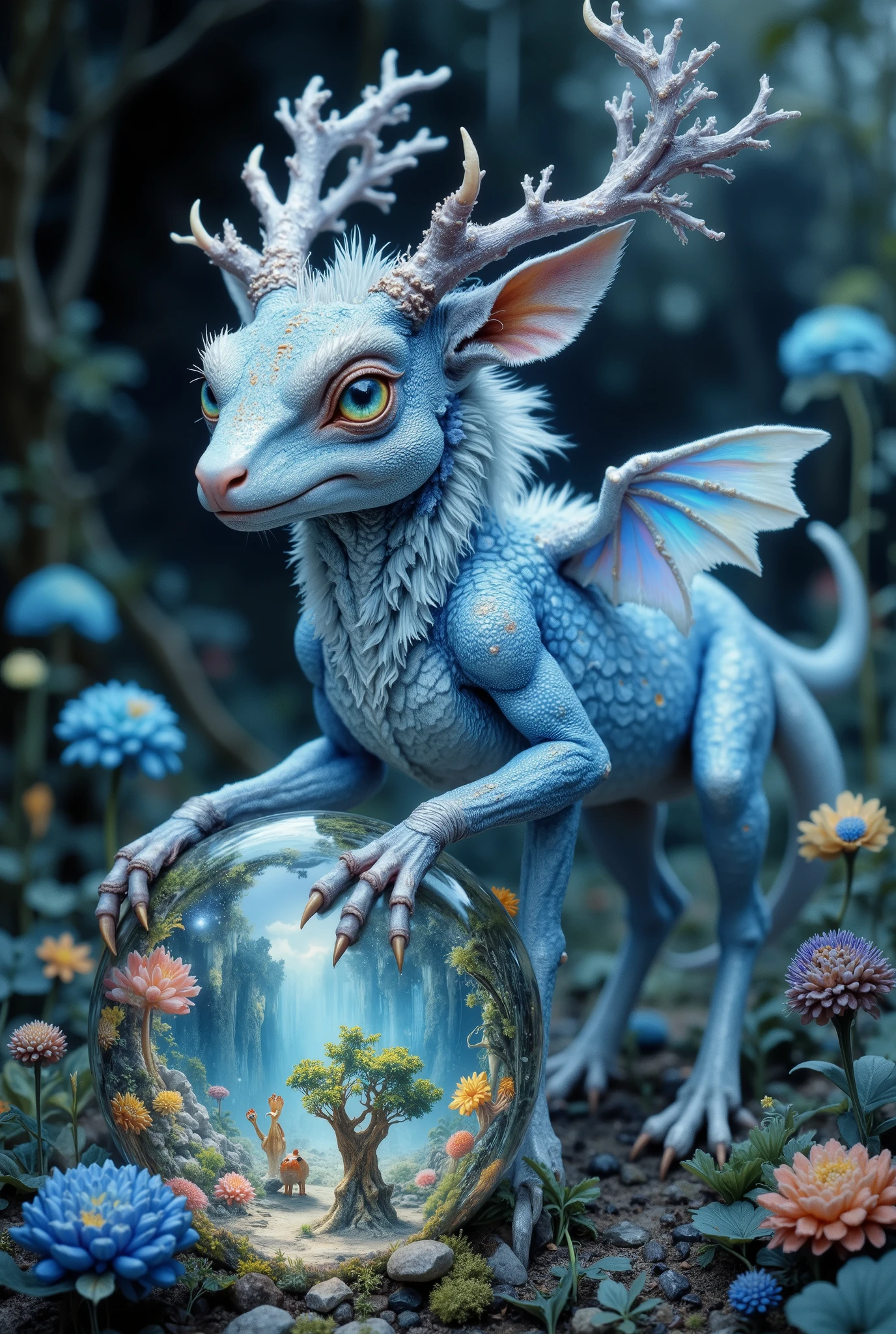 Portrait of a fantastic majestic and beautiful animal in 9:16 scale in the style of surrealism of photoreal creatures. Alien lizard deer, winged symbiosis, blue myths, joyful deception, 8k, over-detailed fantasy sculpture, cinematic contrast. A delightful, mesmerizing ephemeral animalistic character- a creature covered with undulating pulsating bio-luminescent electric-colored villi and coral-like sinuous delicate growths, majestically stands forward with beautiful transparent luminous eyes and an indulgent smile. His silver claws wrap around a spherical landscape surrounded by similar miniature beasts in the blurred depths. His whole body softly shimmers with a silvery velvety skin texture and alien features. Similar blue organic structures are visible in the background, suggesting an oceanic alien biome. Color palette: neon blue (dominant), midnight indigo (cool), sky blue (warm), icy white (accent), azure mist (variant), stormy black (neutral).