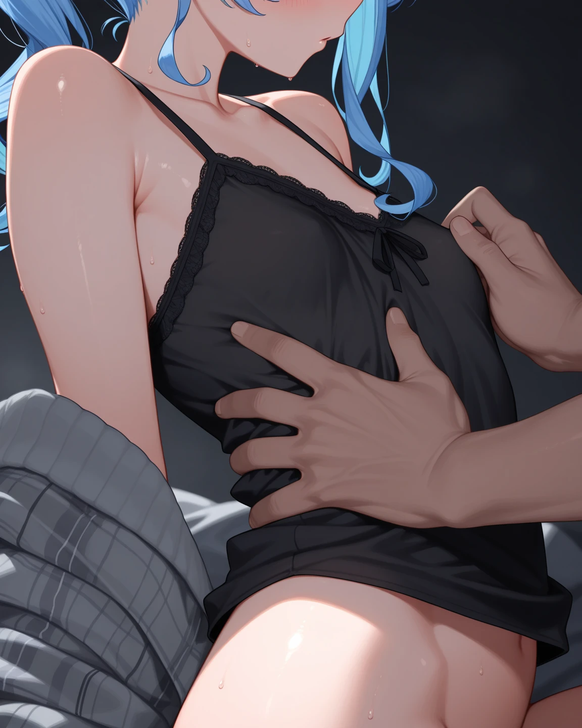 (1 beautiful girl), (light blue hair:1.1),(long hair:1.2),  (full-face blush), (heavy breathing), (trembling:1.2), (sobbing:1.2), (tears:1.3), (half-closed eyes),(open mouth),(tongue:1.2),  (small breast:1.2), (cum on breast), (spread arms:1.3),  (spread vagina:1.2), (nude:1.2), pregnant,  (lying on back:1.3), (in Dirty Room of the Prison), BREAK, (gangbang:1.4), (2 guys), (extra large penis:1.2), (vaginal sex:1.1), (excessive cum in pussy:1.3),  (1 guy is strangulation:1.3), (bukkake:1.25), (facial:1.25),  nsfw, (pov_strangling), scared expression