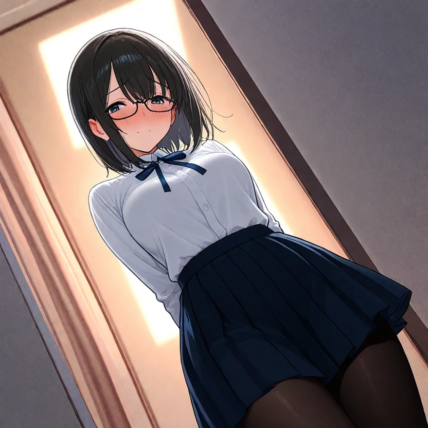 (masterpiece), (8k, best quality, high resolution), (ultra-detailed, realistic), (anatomically correct),
((from head to thighs)), (Standing), (No background),
(1woman), (looking at viewer), ((Pick up the hem of the dress with both hands so that your navel is visible)), ((show all the navel)), (A Japanese woman, 30 years old and 155cm tall),
(black hair), (straight hair), (short hair style), ((bob cut)), (hair behind ears),
(wear glasses), ((black cell frame glasses)),
((Wear a navy blue spaghetti strap dress)), ((Mini length dress with a simple design and minimal decoration)),
(wear panties), ((white panties)),
(Create a detailed image of the eye),
(Her impression is pure, clean and kind.),
((A captivating smile, just showing a few teeth.)),