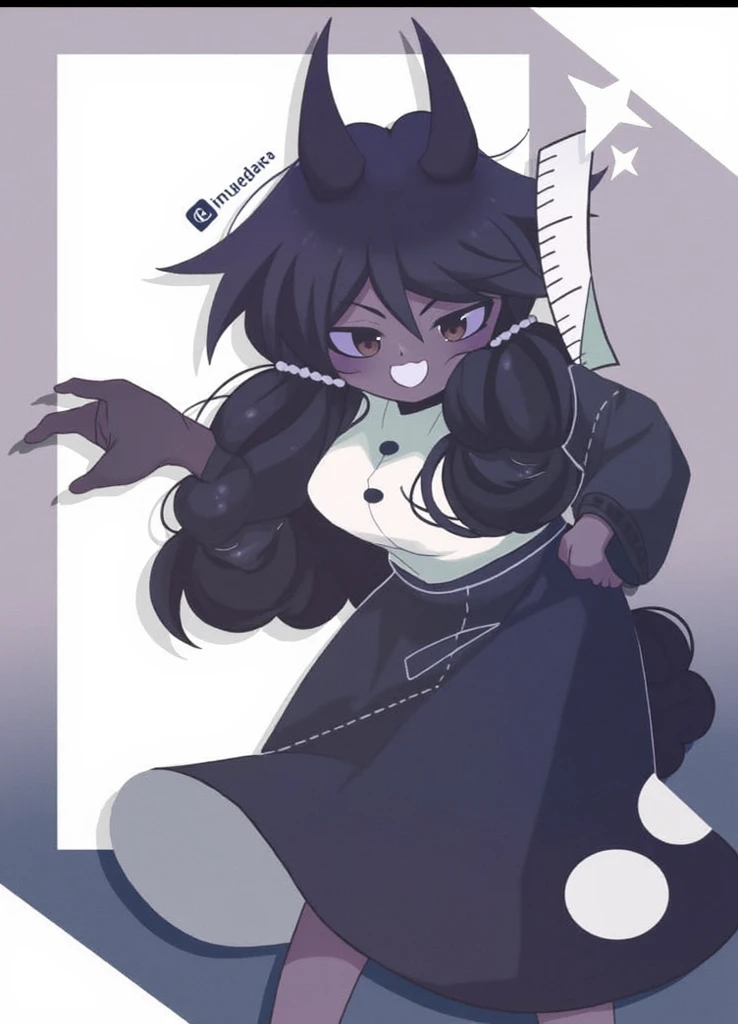 (1girl ,20s,mature female,adult),happy,white shirt,short sleeves,black standard tie,white school skirt,black hair,long hair,((shoggoth body,pure dark skin,colored skin)),upper body,(white backgroound)