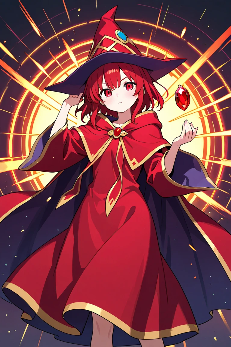 A female monster with bewitching purple eyes, red hair and red clothes is gritting her teeth in pain while holding a knife after being attacked by a yellow magic circle on a dark road at night