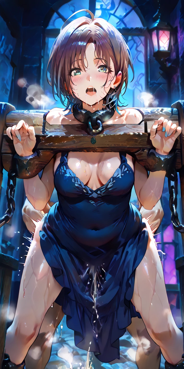 Professional women pictures, 1 girl, masterpiece, detailed art of beautiful warrior girls, bikini armor, leather jacket, shiny big tits, wet body, huge tits, huge breasts with presence, blush, sweat, sexy, provocative pose, high leg, high leg laces, bare breasts, clothes dressed, boobs, side boobs, helmet, sword, big sword, (brown eyes with clear impact), Straps on the chest, low leg laces, under the, pull down panties, thigh height, constriction, gloss on the skin, shiny on the skin, a lot of sweat on the thighs, gloss on the chest, shiny on the chest, whole body, squatting, legs apart, big that are about to spill out, ((torn bikini armor))), large cleavage, breast hollows, tied back with a rope, chained, large, hands chained, Bondage, slave collars, chains around the neck, in a dark basement, cobblestones with an eerie cold atmosphere, tied behind the hands with ropes, silver chains, hung by chains, pulled up by chains, Restraints, slaves, contempt, tears, shackles, shackles, charm, submission, exhausted, necklaces, big that seem to stick out of clothes,