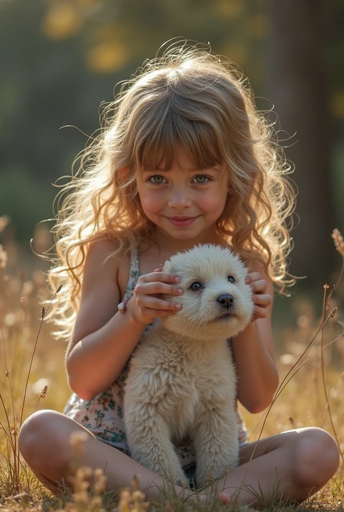 3 year old girl, blonde, curly hair, sitting on the ground with a small dark brown Yorkshire dog, flowery hill with flowers, warm tones, lots of green, tree high in the background, blue sky, late afternoon sunshine, photographic quality, 8k