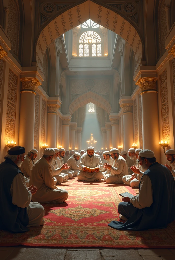 arafed view of a group of people sitting in a room with a book, a picture of friday islamic sermon uHd photorealistic, islamic interior design, cyberpunk mosque interior, immaculately detailed, inspired by Kerembeyit, mosque interior, realistic fantasy render, beautiful depiction, 3 d render and matte painting, realistic scene, with beautiful mosques, sufism, by Alexander Kucharsky
