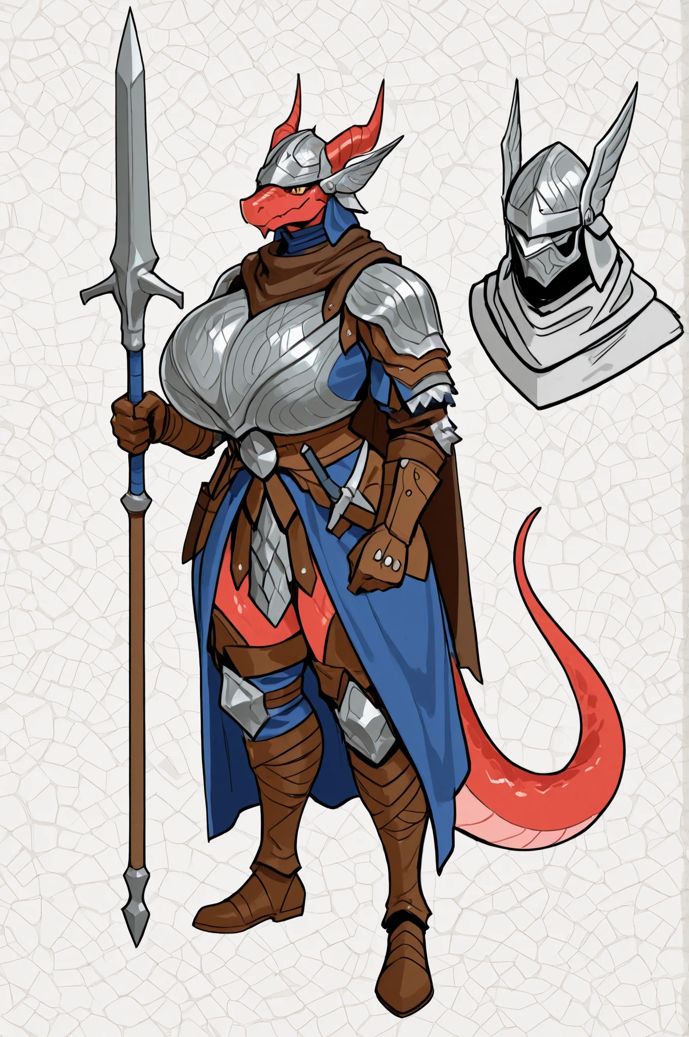 wld, winged helmet, helm, pauldrons, shoulder armor, armor, full armor, cape, gauntlets, brown belt, chocovenus, chocovenus body type,  gigantic breasts, wide hips, thick thighs, small head, ,pointed ears, long draconic snout, lean physique, kobold, red scales, great horns, highly detailed, best quality, holding great iron maul