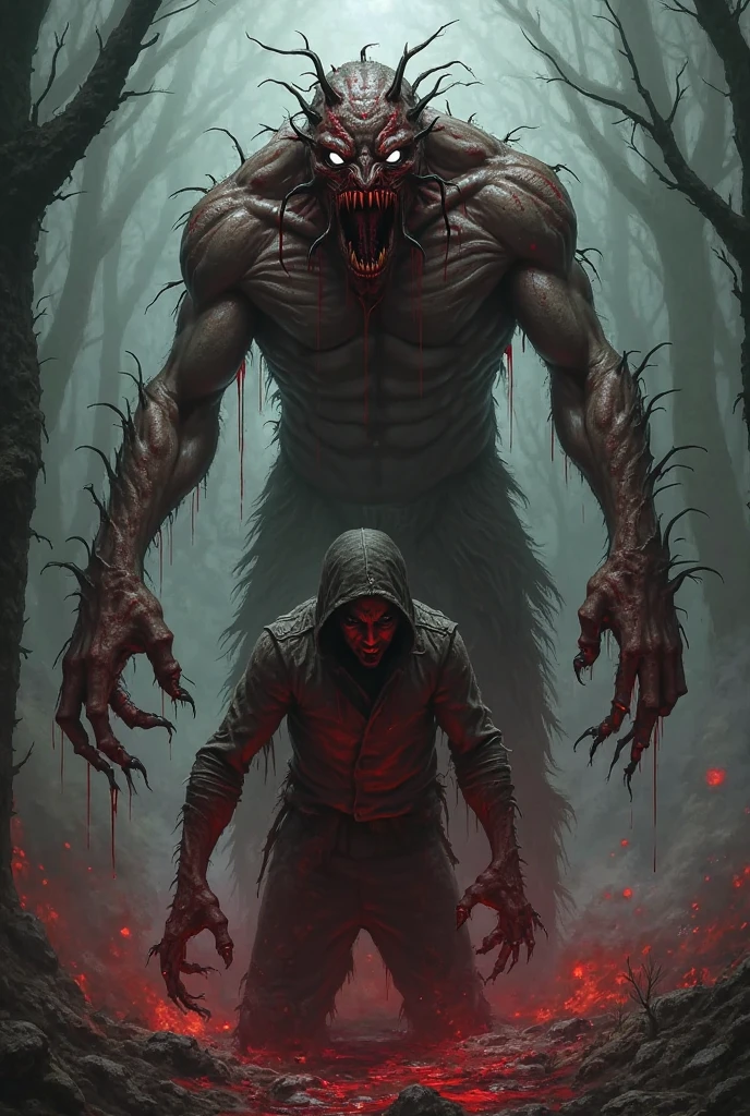 Horror masterpiece, best quality, (action shot, movement blur), combat, greg rutkowski, (focus on terrifying large wendigo visible in the distance antlers large size difference), fantasy, people fighting it, dark winter night, forest deep dark woods, massive ancient trees, battle, scenery, mountain, outdoors, multiple people, injured people on the ground, (blood splatter flying through the air), trail of carnage, (indirect) moonlight, very detailed, high resolution, sharp, sharp image, 4k, 8k,