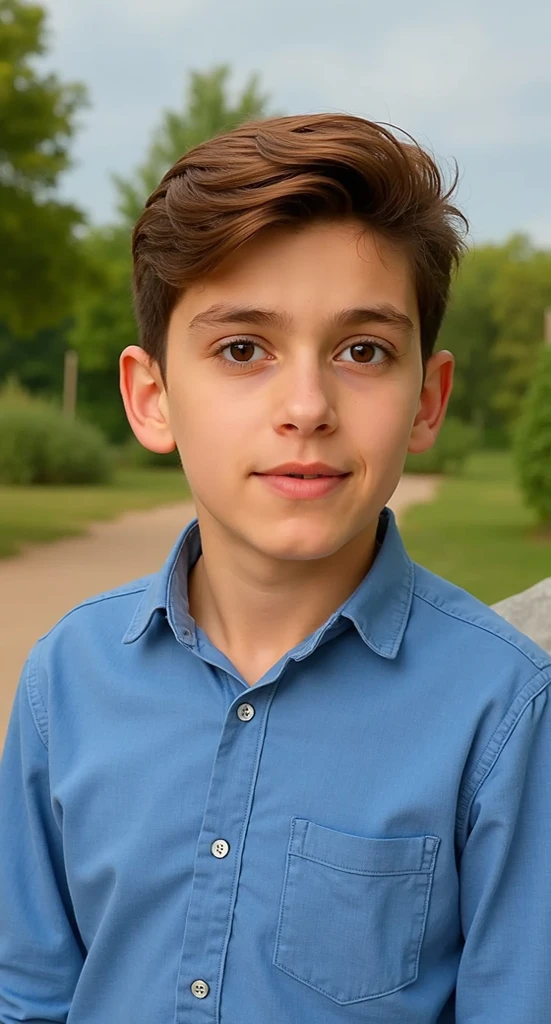 A 14 year old boy, rasgos finos, rasgos hermosos, rasgos delicados, muy hermoso y tierno, rasgos europeos, piel blanca, ojos azules, light brown hair, mirada triste, melancholic look, mirada tierna, in autumn, en el campo, cielo nublado, llovisna 14 years old naked chest very strong