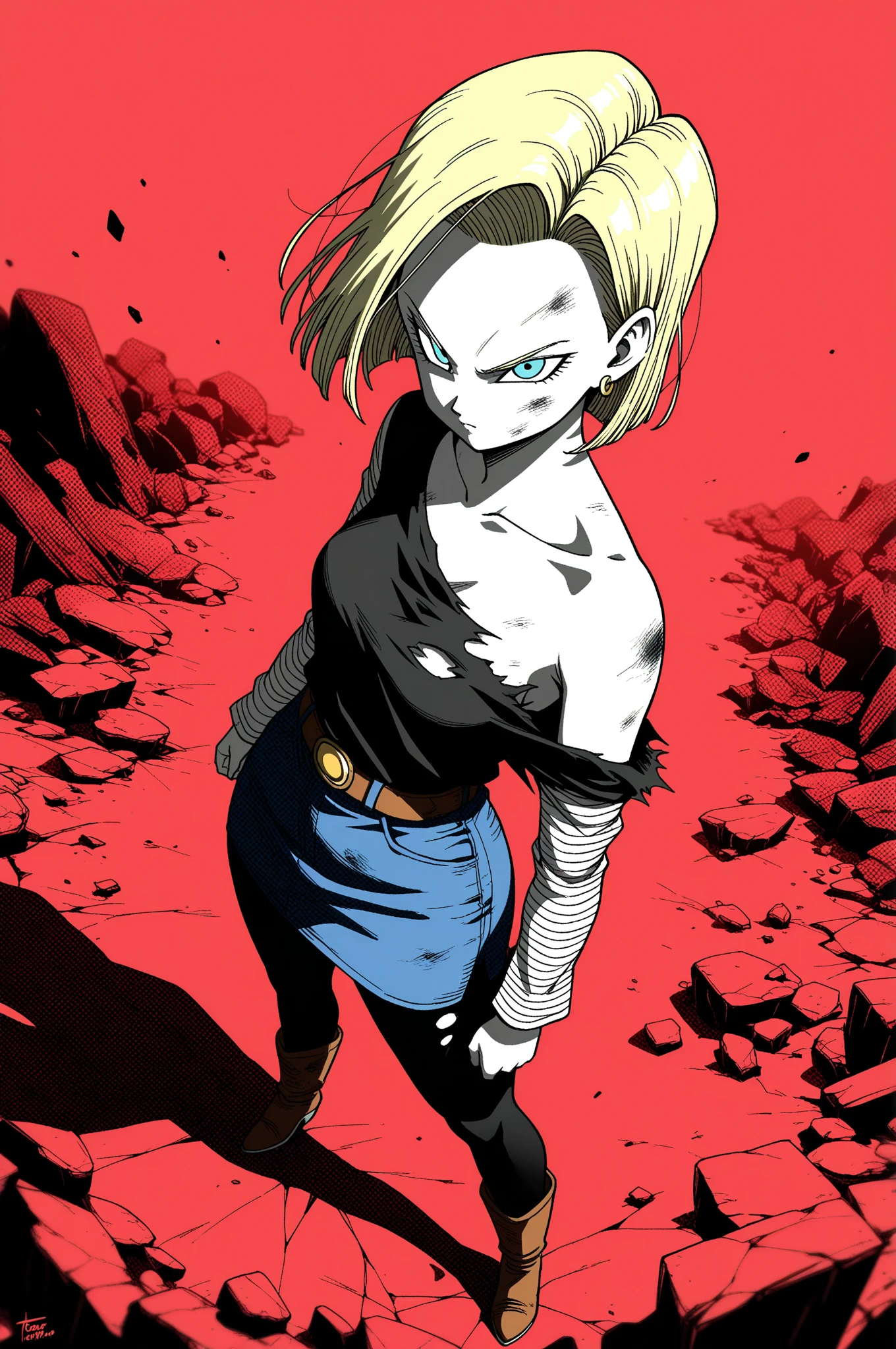 Android 18, completely naked and with a mean face