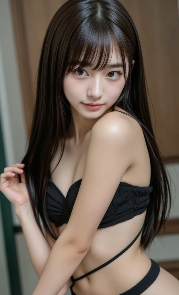 beautiful girl in black swimsuit on top of shelf above bed, 1girl, swimsuit, bikini, solo, navel, black bikini, black hair, bracelet, looking at viewer, jewelry, blush, black eyes, indoors, ocean,loli,infant,chibi