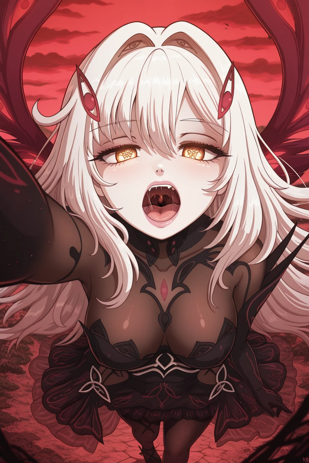 (One Woman),(Best image quality, 32K, masterpiece:1.3),((Silver long hair:1.1)),(Swept-apart bangs,Braiding), (Cute eyes, Dark Eyes), (Detailed eyes),(Mole under right eye), (Standard weight), (Glowing Skin:1.1),(Pale skin:1.2),(A fantastic atmosphere),(look up),Ultra-high resolution, Textured skin, Sparkle Effect, adult,Belly button,High angle,Large Breasts,

Dark Knight,Full body black hex armor with large spikes on the shoulders,A black full-face helmet with two horns,Black innerwear,

Death Scythe,

Red-black sky,Black Earth,

Wet body,Wet body,Sweat,


Eating a popsicle,Saliva stringing,Food is on the face,

On all fours,

A defiant smile,
