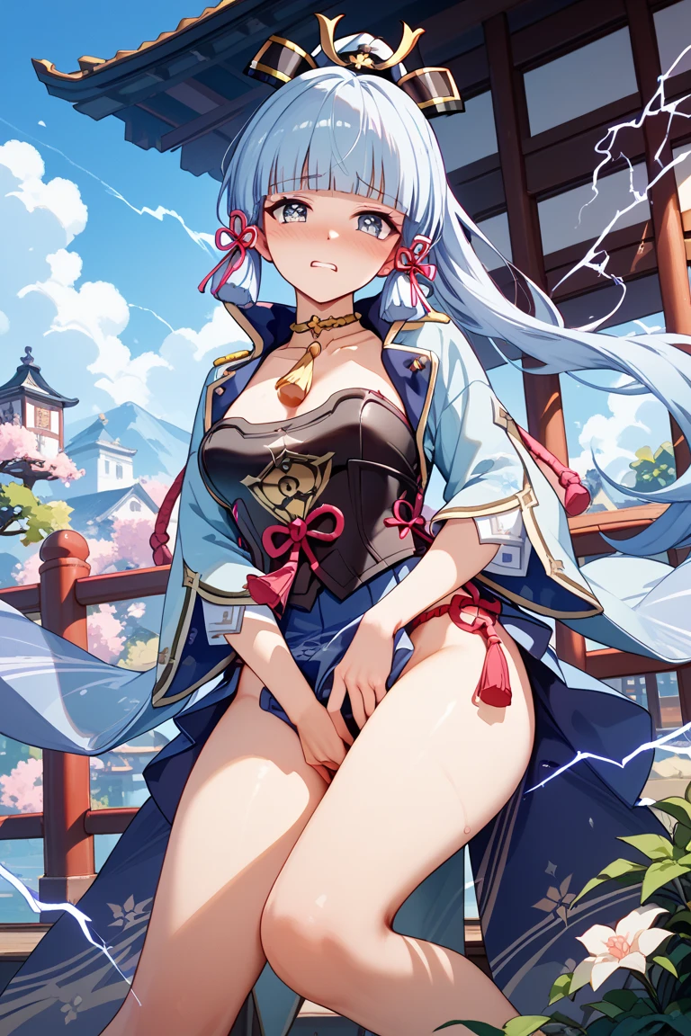 hight resolution, absurdres, best_Quality, Ultra_Detailled, 8K, extremely_clear, photo, beautiful, Beautiful face, Scharp Focus, HDR, 1girl, Clean eyes, very wide-eyed,old japanese town in the mountains in the background , Beautiful face, very red areola, standing , very seductive pose, very young, no bra, bare chest,  , naked, No Top, NSFW, gray hair with ponytail, bare, no clothing,