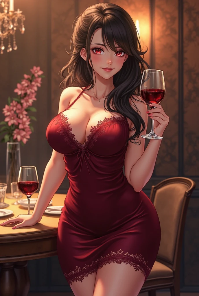 8k Digital Drawing of a brunette woman, athletic body, low-cut dress marking the curves of the body, holding a glass of wine, inside a large hall