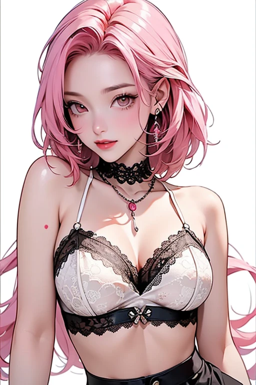 Cool women、sexy、Center of chest、Rize from Chainsaw Man、beauty、Yandere、、Face close-up、Kiss with your eyes closed、Chest tattoo、Race、necklace、Pink Hair、(sexy)、(Kiss the viewer)、(From the waist up)、((Center of chest))、((navy lace))、((Mid-chest))
