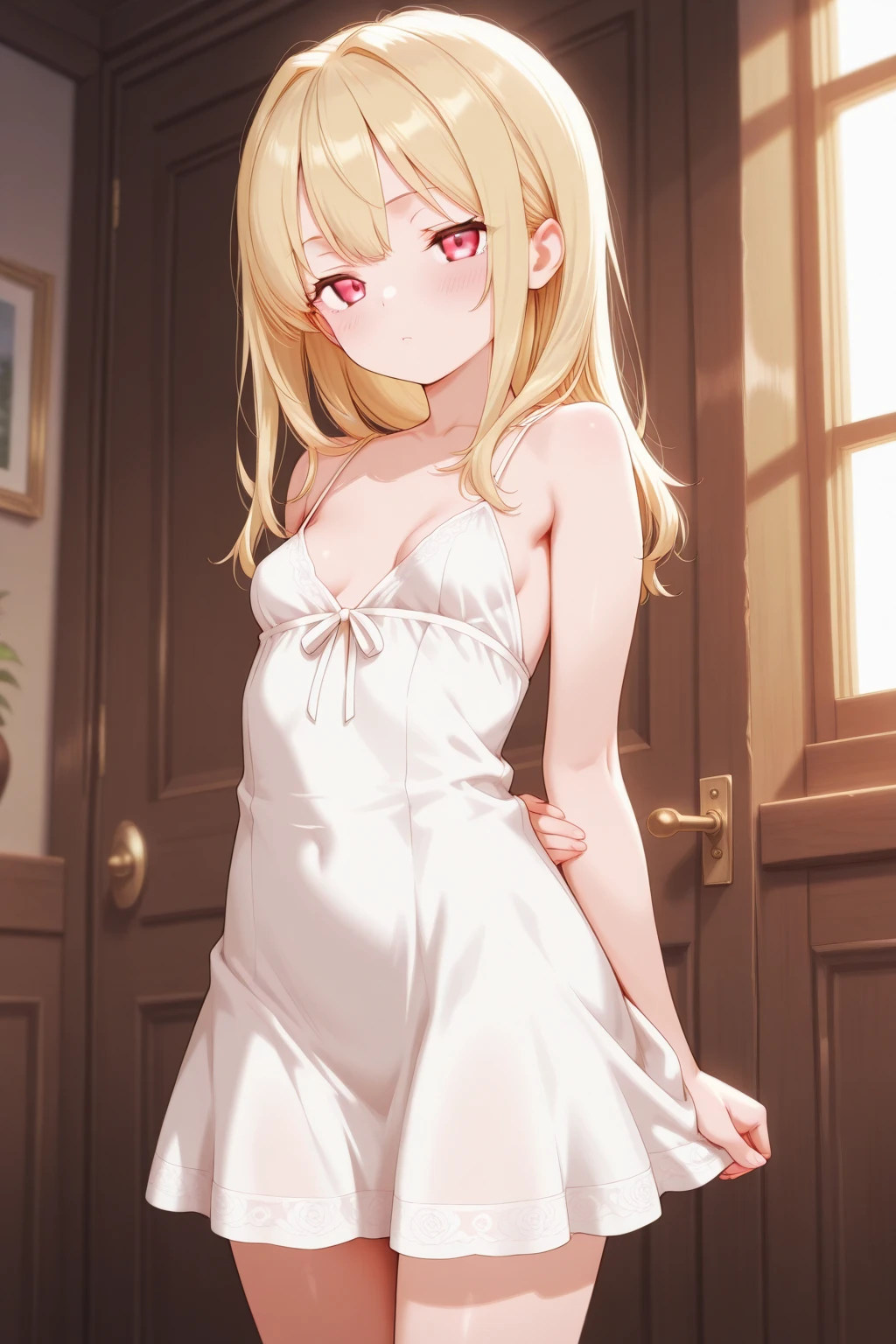 Female corrin, shiny_dress, pink_silk_glossy_fabric, skinny, thin_legs, white_lace, nightwear, glossy_fabric, shiny, short_dress, cleavage, green_eyes, glossy_fabric, medium_hair, hairband, skinny, bedroom, gentle_smile, blushing, beautiful, female, high resolution, 8k