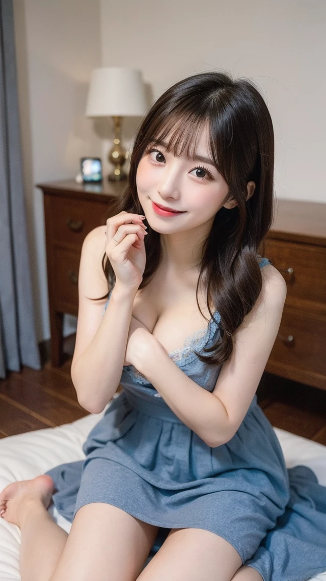 bright表情、photorealistic stick:1.32、highest quality、超A high resolution、Photos of the most beautiful Japan girls、cute and beautiful face details、small face、(Pueros face_V1:0.008)、美しいbangs、16 years old、Radiant, fair, glowing skin、hair gets tangled in face、顔まで伸びるbangs、bangs、hair between eyes、charming brown silky hair、bright、Clear eyes shine charmingly、dynamic pose、highest quality、disorganized、((the cutest girl in the world))、Japanese、on the bed、((Light blue dress with black lace:1.3))、(ponytail:1.3)、(Tie with a thin white ribbon)、nice and cute、innocent smile、nice smile、cleavage、(big breasts:1.3)、(Kneeling:1.3)、side tail、brown hair、thin waist、detailed beautiful eyes、view audience、Upper body、close up of face、Front view、(skirt lift)、(Light pink lace panties)、