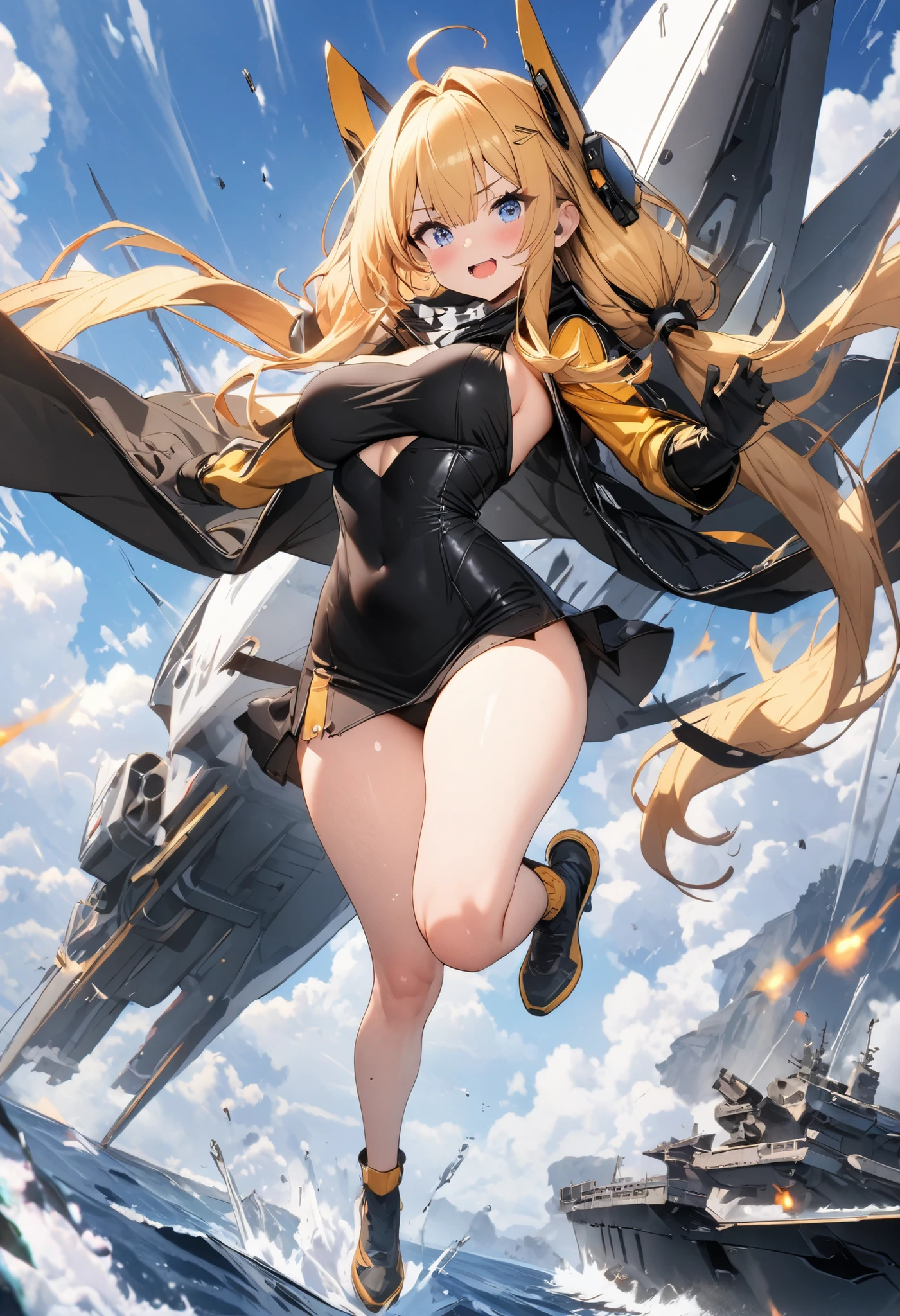(masterpiece), best quality,masterpiece, ultra detailed, highres,(light rays),best quality,
fur-trimmed jacket, yellow jacket,loose socks, sailor hat, bandaid on knee,(single thighhigh), fur trim,fishnet thighhigh,two side up,
sailor costume, bache, 1girl, solo, breasts, looking at viewer, blush, smile, small breasts, sleeveless, belt,micro shorts, denim shorts, dynamic pose, battleship,warship,
<lora:bache_azur_lane-09:1> ,