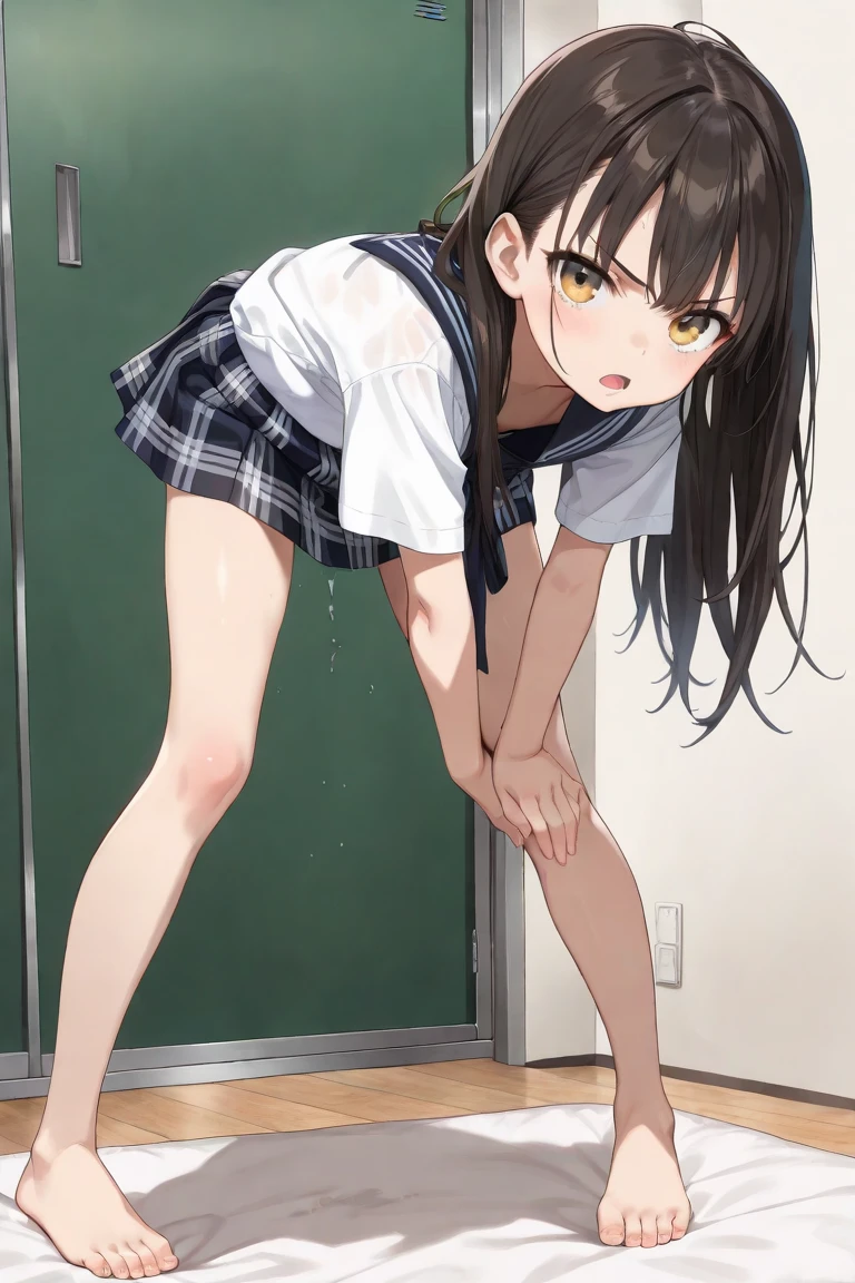 girl, seifuku, no panties, bottomless, from below, pussy, pussy juice, pussy juice string, pussy juice puddle, school, blackboard, chalk