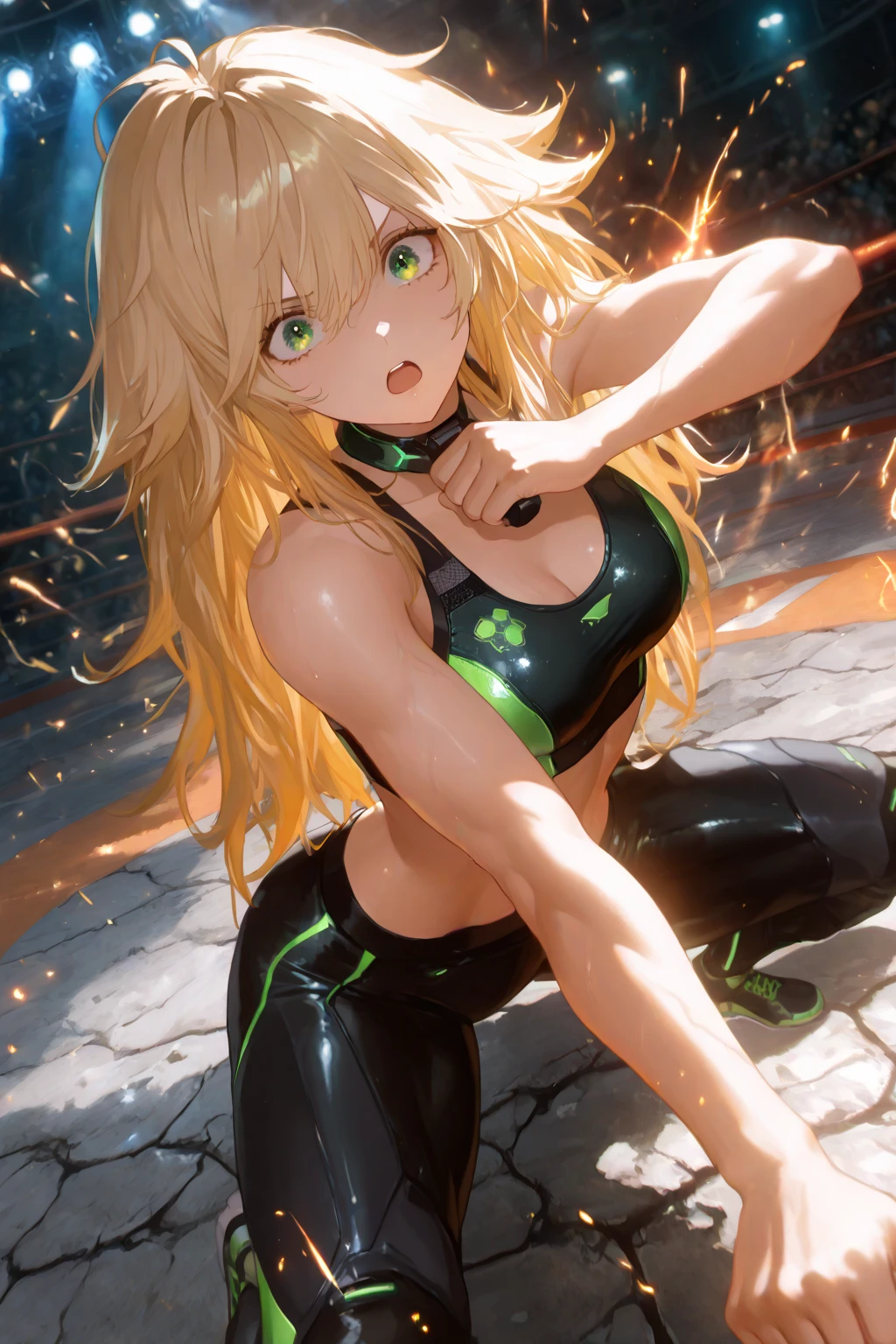 Exaggerated golden hair hedgehog, female warrior, gorgeous fighting posture, super beautiful shining eyes, shy eyes, big breasts exposing her cleavage and navel, well-developed muscles, wearing a sports short-waisted top, ultra-short hot pants, both tops and shorts The hole was severely torn, and he slipped backwards on the floor. He accidentally spread his legs and a large amount of white liquid flowed out from his crotch.    The wet body shows a pained expression, a full-body picture presented in a hyper-realistic style.
   Coupled with the strong light and shadow effects, the character outlines are clearer and the muscle lines are more prominent, showing a stronger three-dimensional sense, (8K, real-time, highest quality, masterpiece: 1.4), ultra-clear web page, (lifelike, lifelike: 1.48), Masterpiece, Best Quality, Ultra Detailed, 8K, Detailed Lights, Detailed Shadows, Original, (Detailed Skins), (Photorealistic: 1.2)