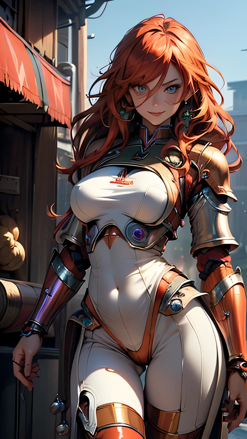 masterpiece,best quality,1girl,mature female,Ivara,helmet,orange hair,blue eyes,cape,(school uniform),large breasts,wide hips,thick thighs,standing,(grin),spacecraft interior,science fiction,close-up,<lora:Ivara:0.5>,