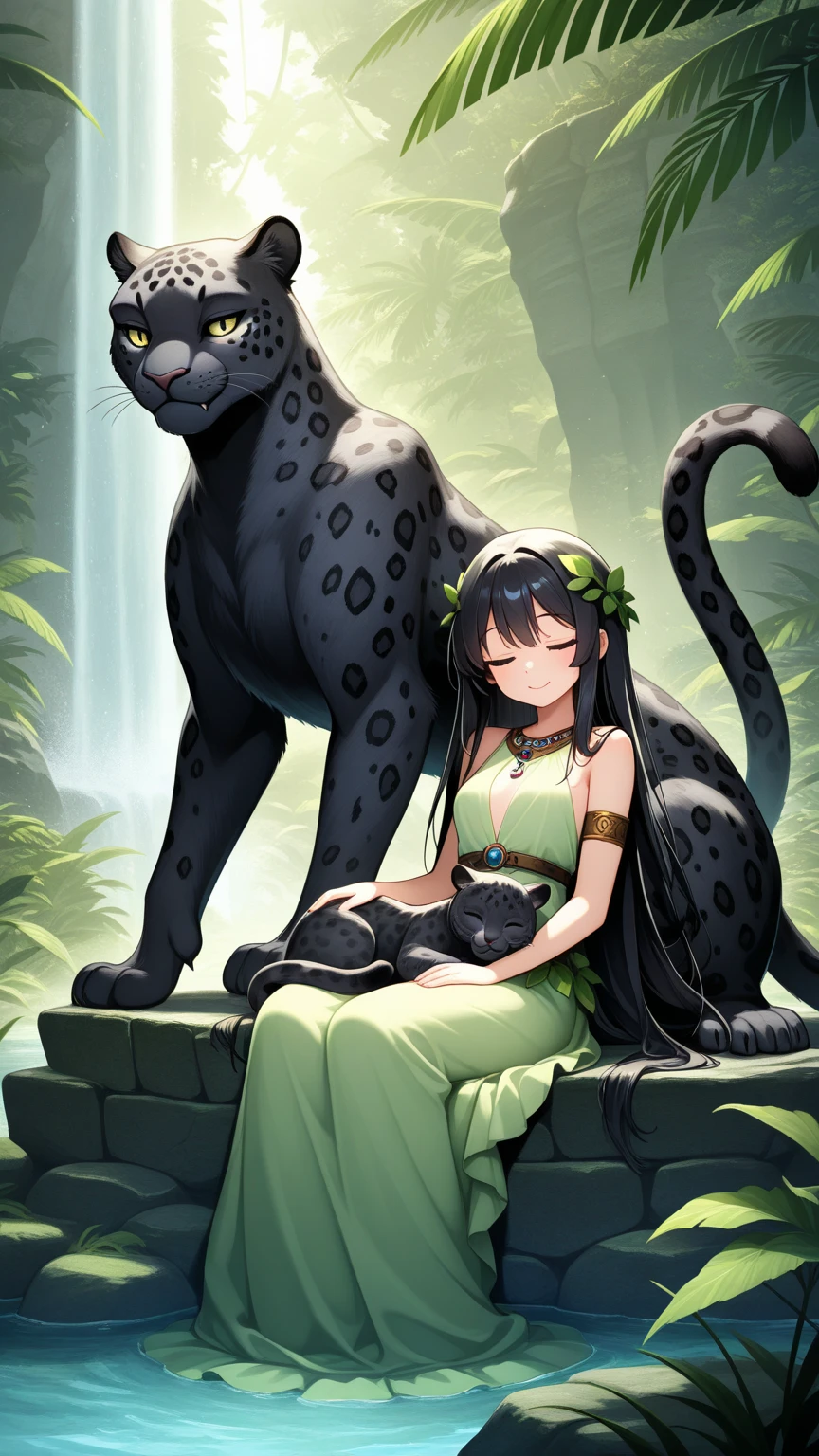 masterpiece,best quality,highres,cinematic lighting,dramatic angle,1girl,<lora:ShadowverseAishaV1:0.8:lbw=jiangshi3>,dark skin,black hair,streaked hair,pointy ears,green eyes,bikini,shorts,boots,belt,bracelet,beads,thigh strap,ribbon,looking at viewer,tiger,animal,walking,woods,sheath,squatting,smile,happy,ponytail,petting tiger,tiger lying on the ground,