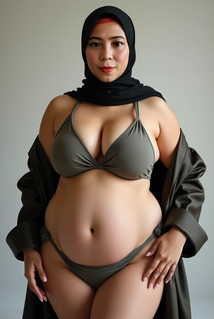 59 years old malay grandmother, chubby body, wear motif hijab, (((BBW))), wear wet yellow brown blazer, wear bra inside the unbotton blazer