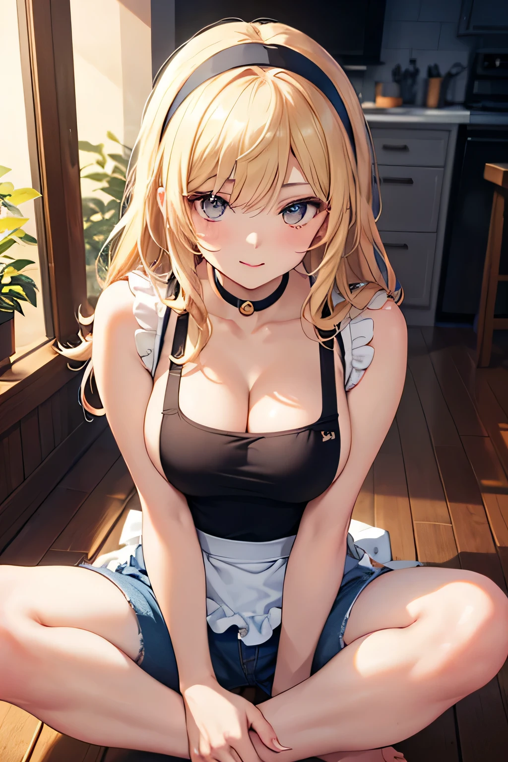 (masterpiece, best quality, highres, UHD, perfect pixel, depth of field, 4k, RTX, HDR))), (karuizawa), 1girl, single, solo, beautiful anime girl, beautiful artstyle, anime character, 17 years old, ((long hair, bangs,  blonde hair, straight:1.2, hair pin)), ((detailed face, blushing:1.2)), ((detailed eyes:1.8, sparkling effect, detailed eyelashes, beautiful eyelashes)), ((smooth texture:0.75, realistic texture:0.55, anime CG style)), ((big breasts, cleavage)), dynamic angle, busty, perfect body, ((close up, POV, portrait, cute)), ((white sweater, skirt, sliver necklace)), morning scene, natural light, (indoor, bedroom, beside the window)