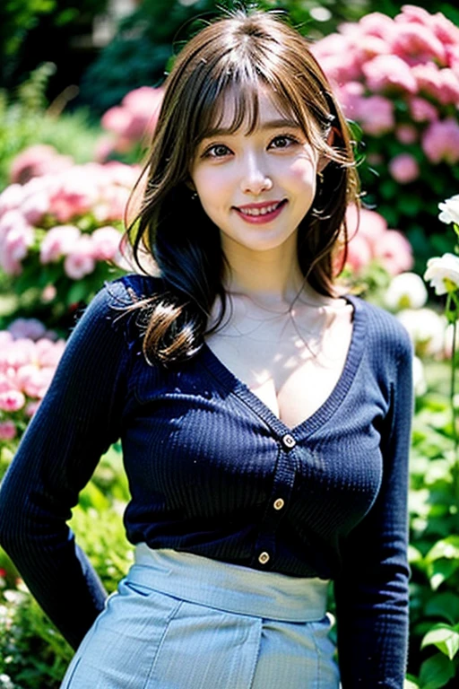 (highest quality,masterpiece:1.3,Ultra-high resolution),(Very detailed,Caustics,8k),(Realistic:1.4,RAW shooting),18-year-old,cute,Japanese Idols,Black hair half up,Smiling and looking at the camera,Crouched posture,Big Breasts,cleavage, cardigan,Knitted dress,(garden),(Low position:1.2),(Low Angle profile:1.2),(Face Focus:1.2),(Face close-up:1.2),Natural light,(Lens flare),Professional Writing