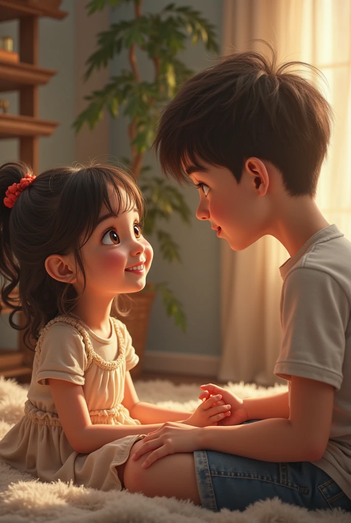Create a 3D realistic imags"the girl tells something the boy Ethan