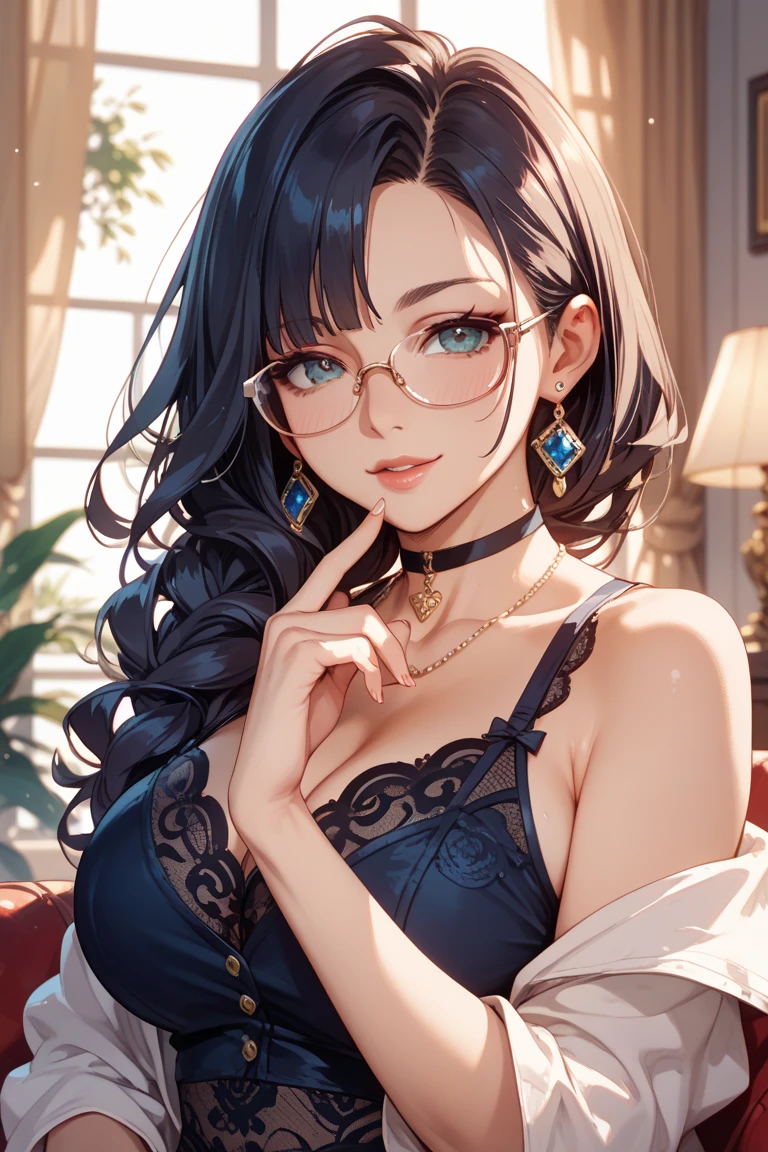 beautiful mature gothic woman, big jhumka earrings, saggy breasts, diamond necklace, long necklaces, makeup, big earrings, red lipstick, black mini off shoulder dress, long hair, blue eyes, cleavage, (best quality,4k,8k,highres,masterpiece:1.2),ultra-detailed,(realistic,photorealistic,photo-realistic:1.37),highly detailed portrait, intricate details, exquisite skin texture, dramatic lighting, cinematic composition, vivid colors, warm color palette, bracelet, nail polish, long nails, bangles, thin waist, long legs, aesthetic glasses