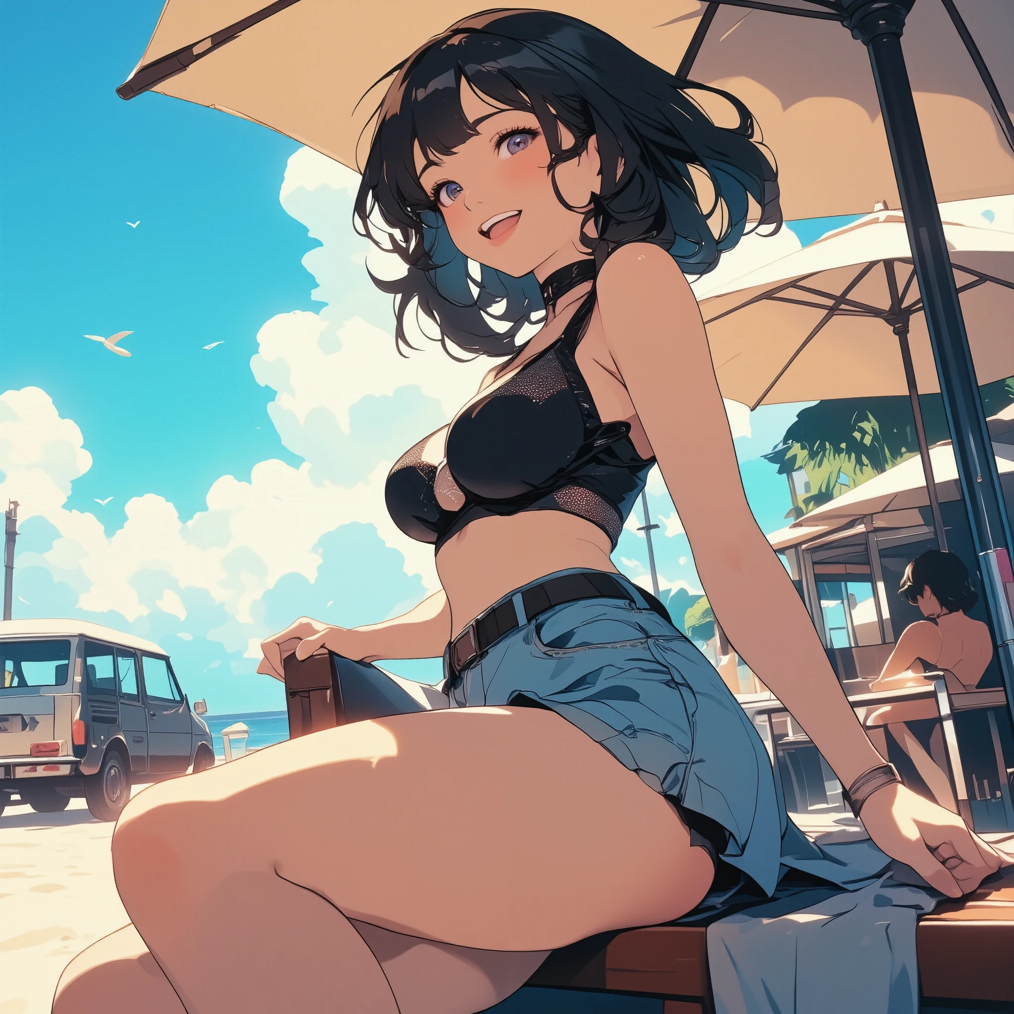 realistic skin, skirt, crop top aside, covered (((large swollen areola))) with mesh crop top, pinching nipple, Amerian girl, medium breasts, sexy style, casual dress, legs, (strong wind, aerial hair and clothes, the wind blows her skirt up, outdoor, summer beach, parasol, vehicle, strong sunlight, blue sky, ocean, vacation, (((grinding her crotch against a corner of a low table))), open mouth, tongue, ahe face, raise thigh, deep-blush, playful smile,