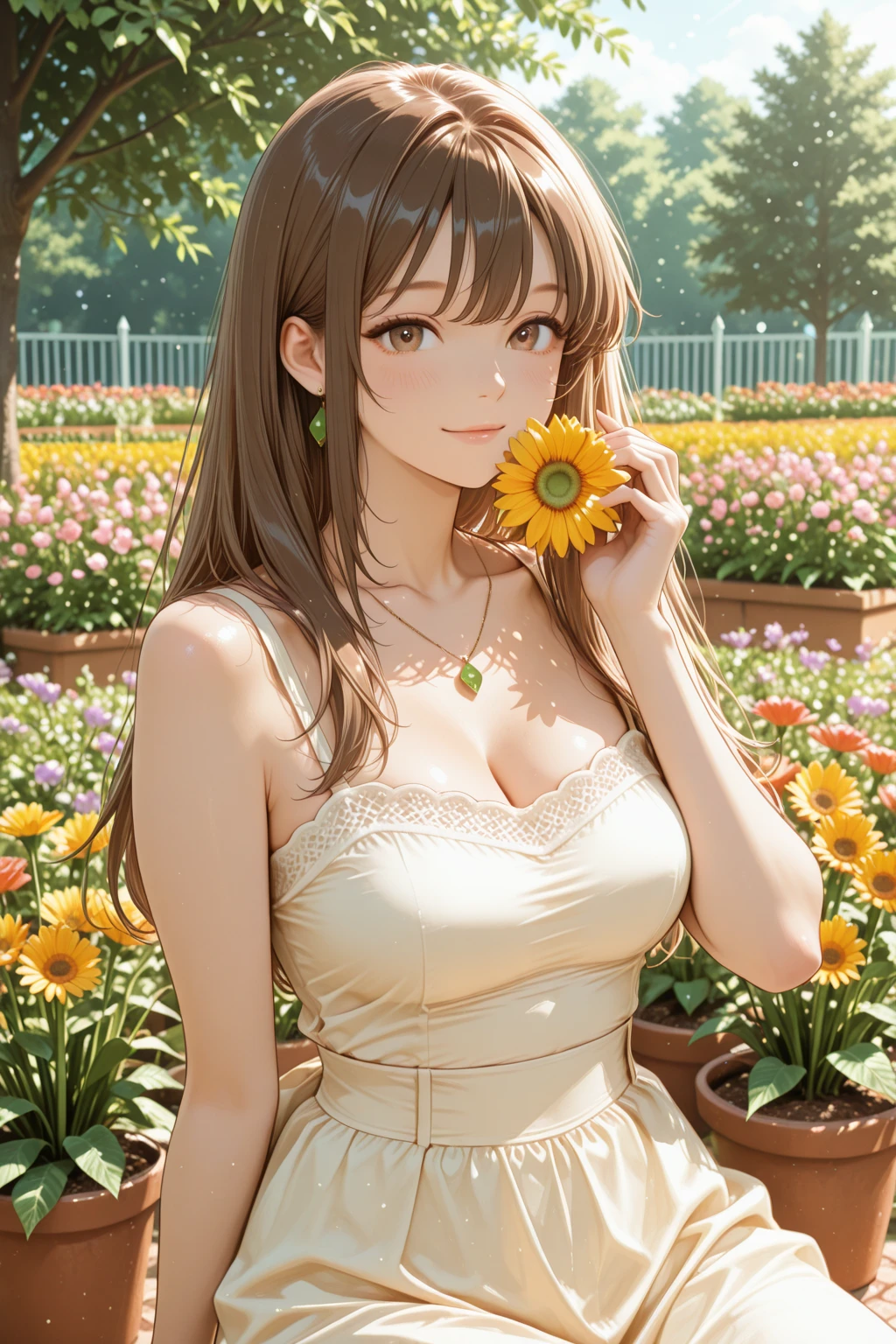A beautiful girl with detailed facial features and expressive eyes, portrayed in a photorealistic style with high quality and ultra-detailed rendering. The girl is standing in a luscious garden, surrounded by vibrant flowers and lush greenery. Her long eyelashes frame her stunning eyes, which are filled with depth and emotion. Her lips are beautifully detailed, with a hint of a smile. The sunlight gently illuminates her face, casting soft shadows and creating a stunning contrast. The colors in the image are vivid and vibrant, with a warm and inviting tone. The overall composition of the image is carefully balanced, with a focus on capturing the beauty and grace of the girl. It's a masterpiece that showcases the perfect blend of beauty and nature.